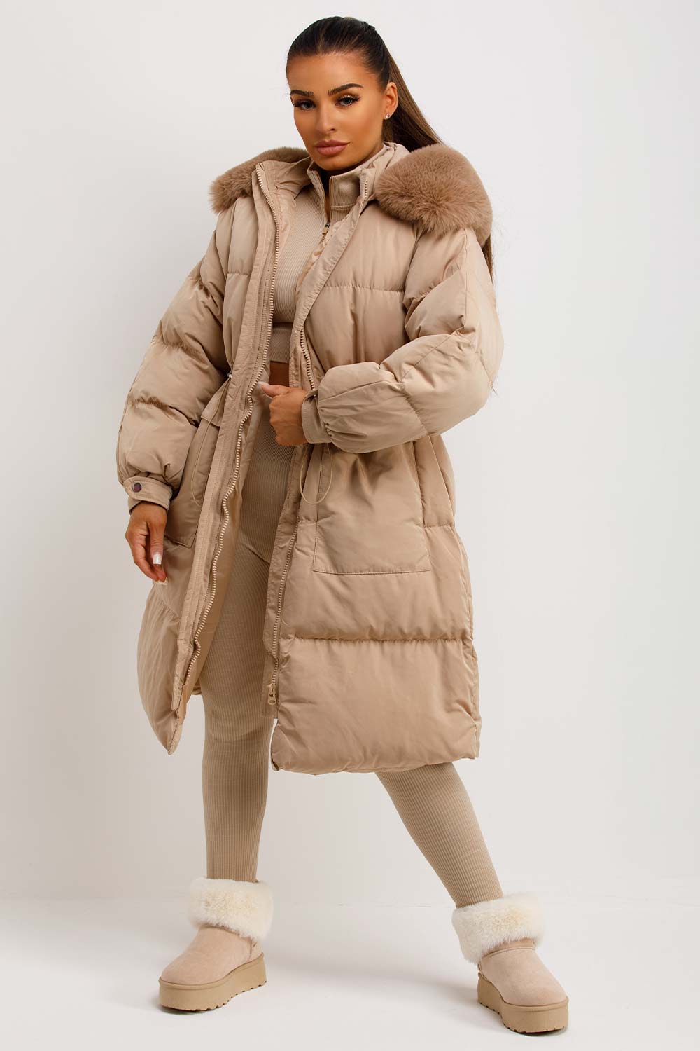 Long Puffer Coat With Faux Fur Hood And Drawstring Waist Beige