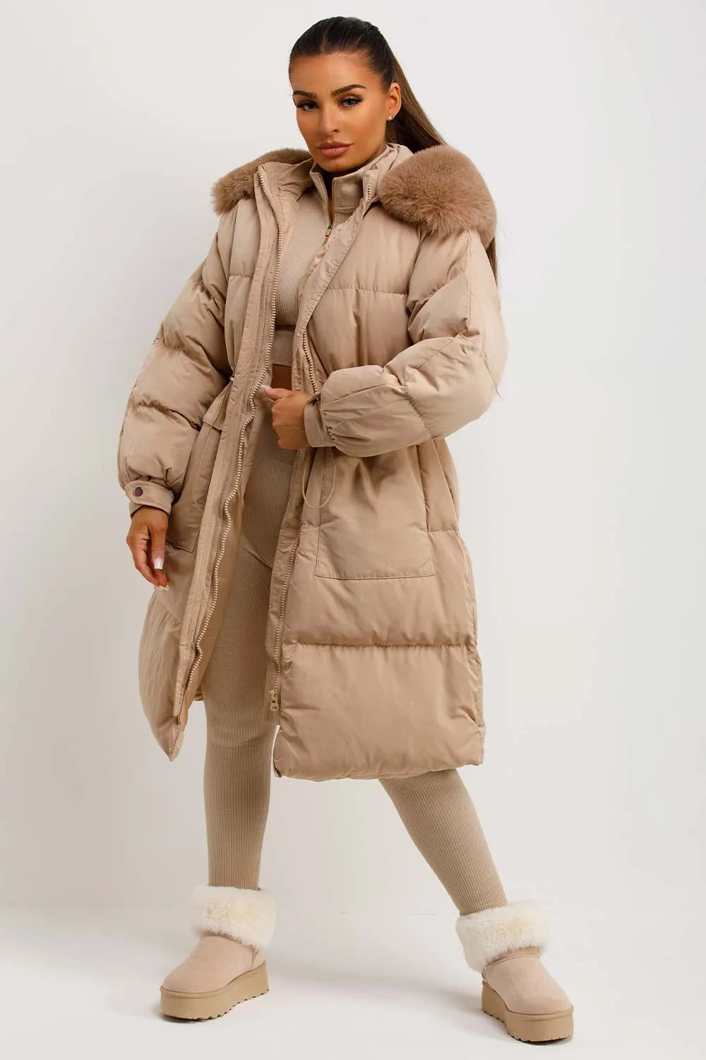 Long Puffer Coat With Faux Fur Hood And Drawstring Waist Beige
