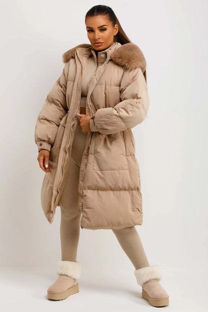 Long Puffer Coat With Faux Fur Hood And Drawstring Waist Beige