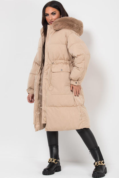 Long Puffer Coat With Faux Fur Hood And Drawstring Waist Beige