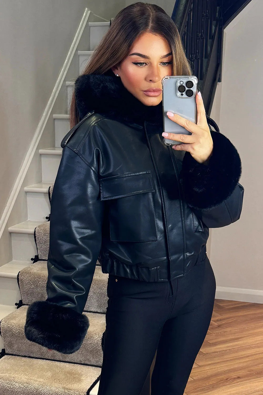 Faux Fur Bomber Jacket In Faux Leather Black