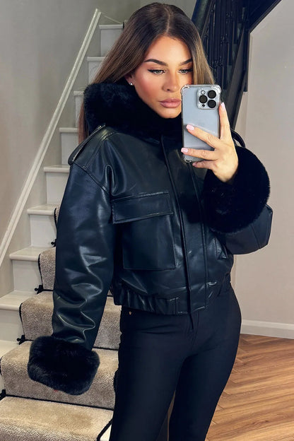 Faux Fur Bomber Jacket In Faux Leather Black
