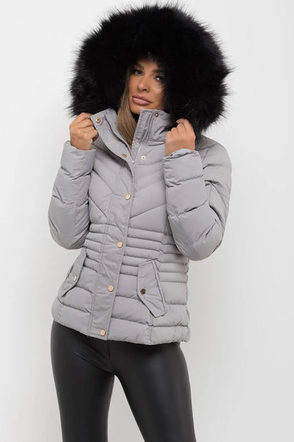Puffer Coat With Fur Hood Grey