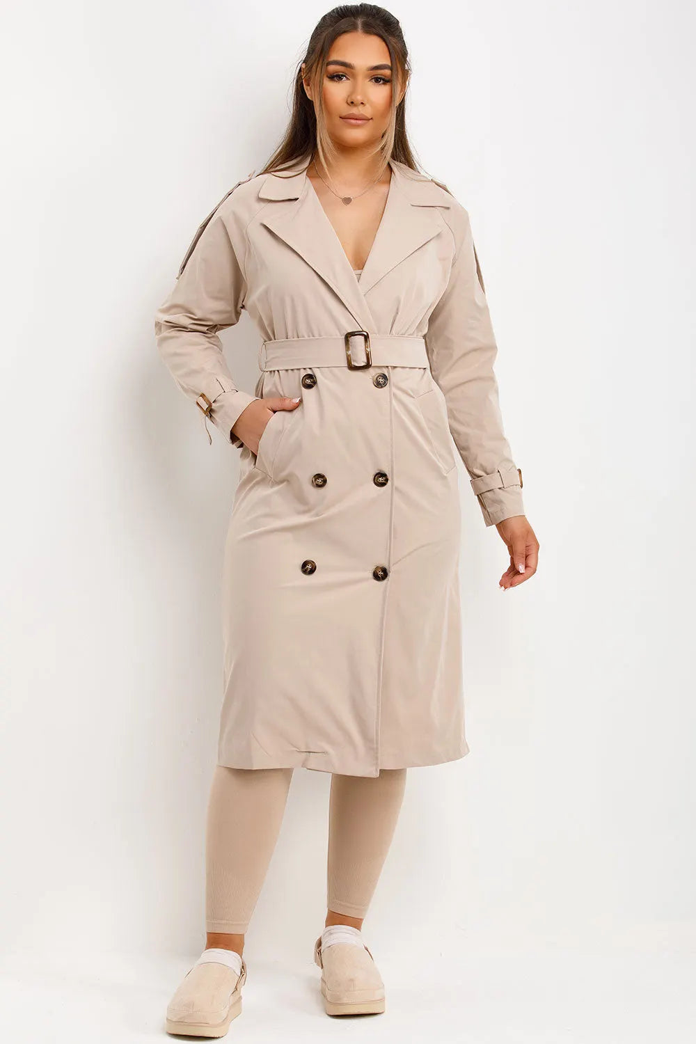 Trench Coat With Waist Belt Beige