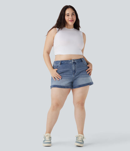 FlexTM Mid Rise Zipper Pockets Denim Casual Plus Size Shorts 3''