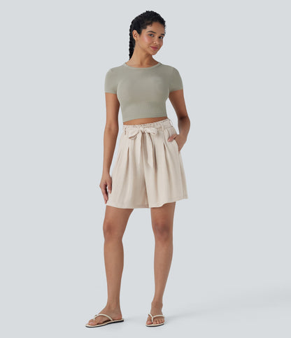 High Waisted Belted Casual Linen-Feel Bermuda Shorts with Pockets
