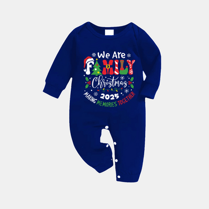 "We are Family 2025 Christmas Make Memories Together" Slogan Print Blue Long Sleeve with Versatile Blue and White Plaid Pants Family Matching Pajamas