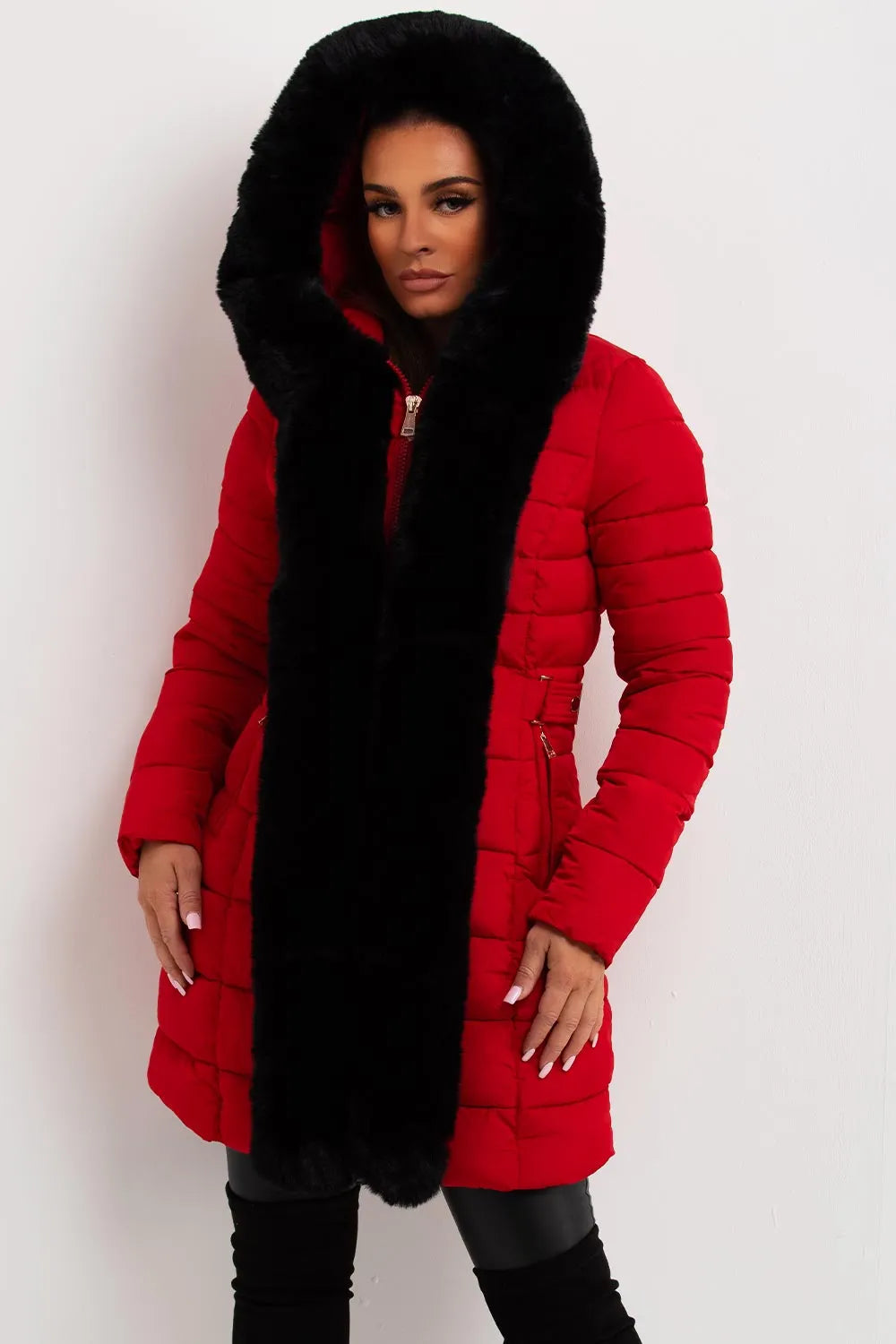 Puffer Padded Coat With Faux Fur Hood Red