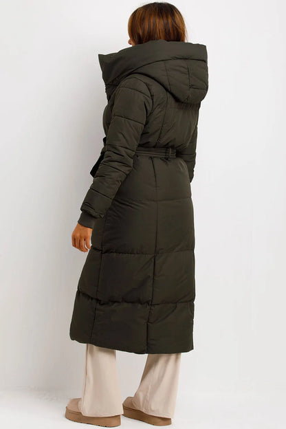 Long Puffer Coat With Hood And Belt Khaki