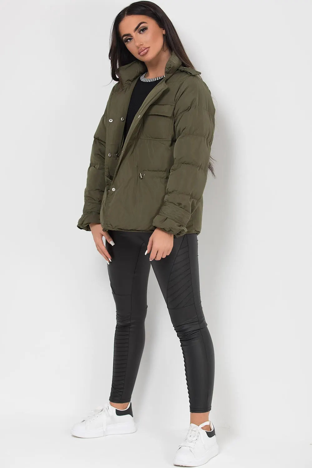 Puffer Jacket With Elasticated Drawstring Khaki