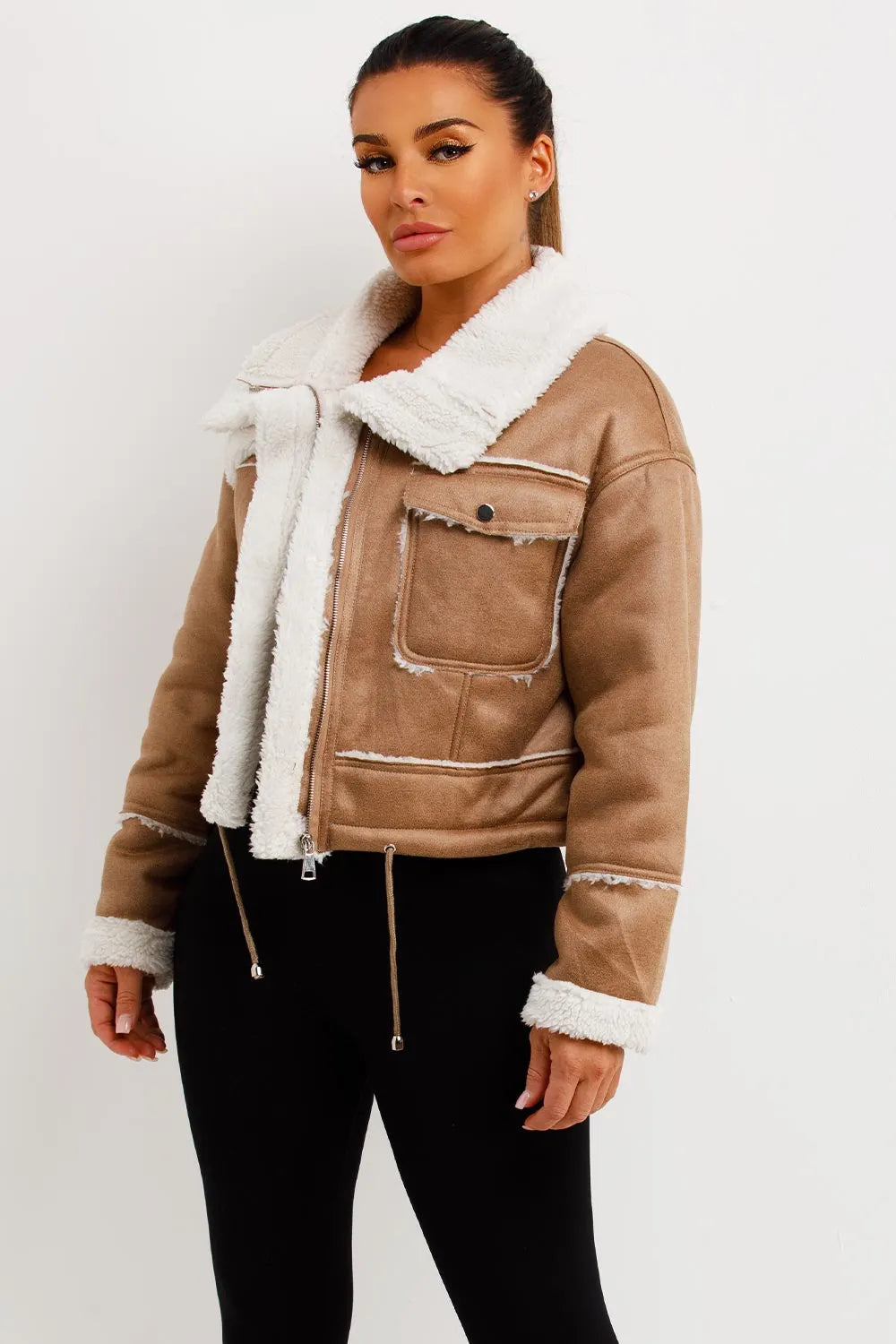 Faux Shearling Faux Leather Jacket Beige