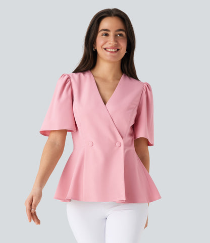 V Neck Short Sleeve Ruffle Hem Work Top