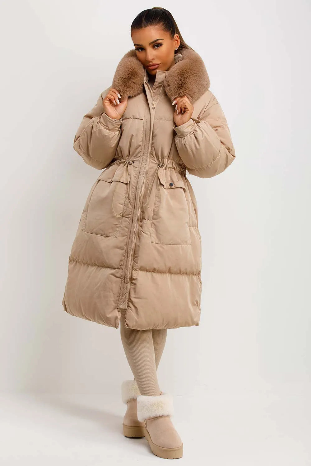 Long Puffer Coat With Faux Fur Hood And Drawstring Waist Beige