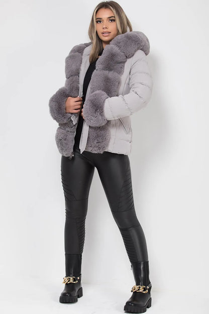 Puffer Jacket With Luxury Faux Fur Hood And Trim Grey