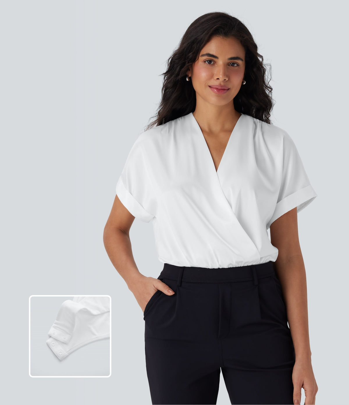 Crossover V-Neck Batwing-Sleeve Snap Satin Work Bodysuit