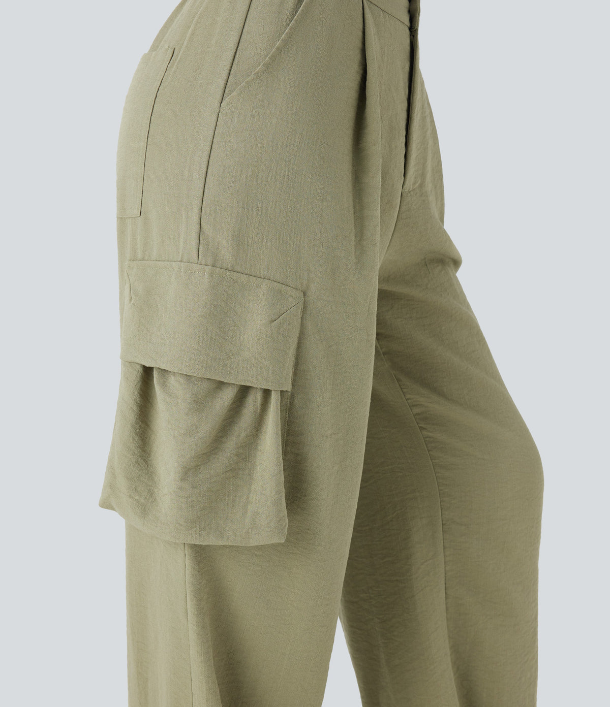 High Waisted Adjustable Drawstring Hem Linen-Feel Casual Cargo Pants with Pockets