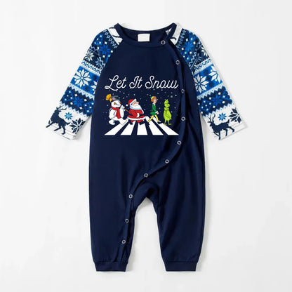 Joyful Blue Christmas Pajamas Set With Santa Claus and Cartoon Pattern Print