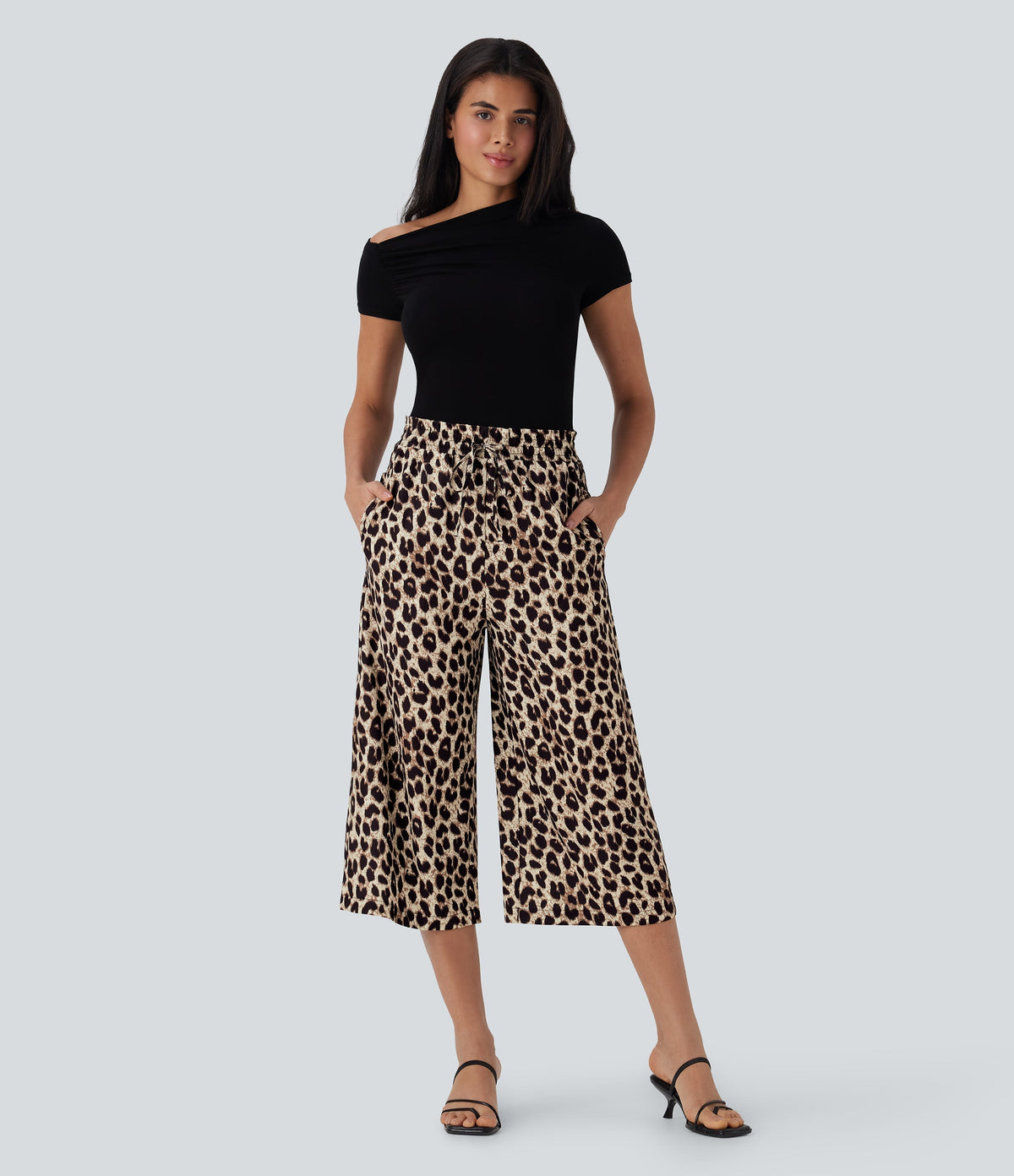 High Waisted Drawstring Leopard Print Wide Leg Capri Casual Pants with Pockets
