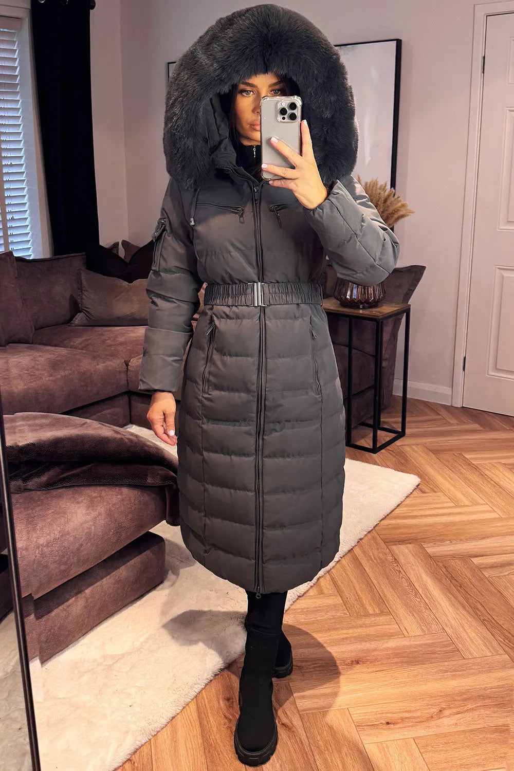Longline Puffer Padded Coat With Fur Hood And Belt Grey