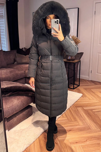 Longline Puffer Padded Coat With Fur Hood And Belt Grey
