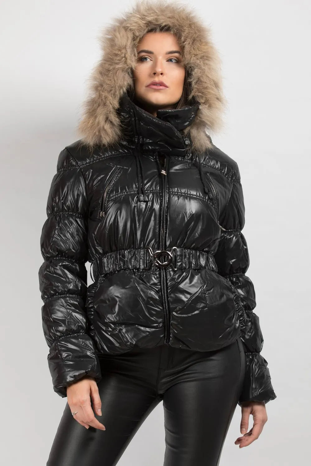Shiny Puffer Coat With Fur Hood Belted