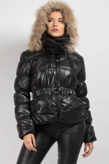 Shiny Puffer Coat With Fur Hood Belted
