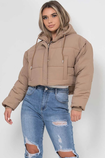 Crop Puffer Jacket With Hood Beige