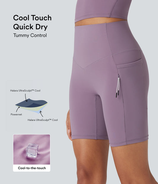 UltraSculptTM Cool Quick Dry SoCinched High Waisted Tummy Control Hiking Biker Shorts 7'' with Pockets-UPF 50+