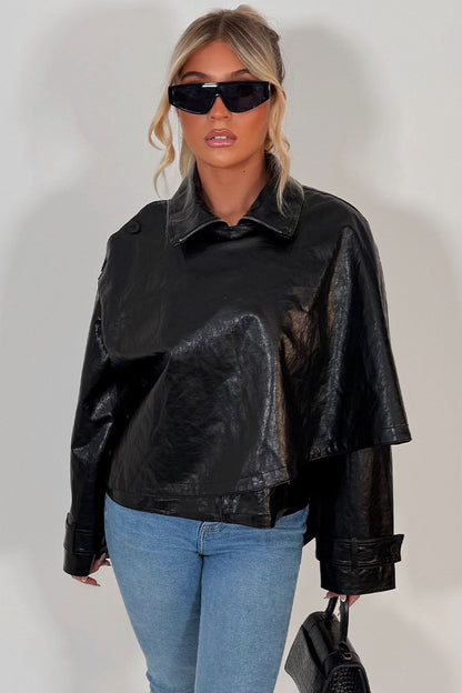 Black Faux Leather Jacket With Scarf Detail