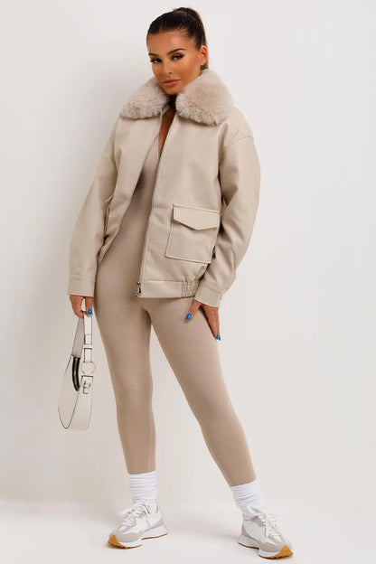Faux Leather Jacket With Faux Fur Collar Beige