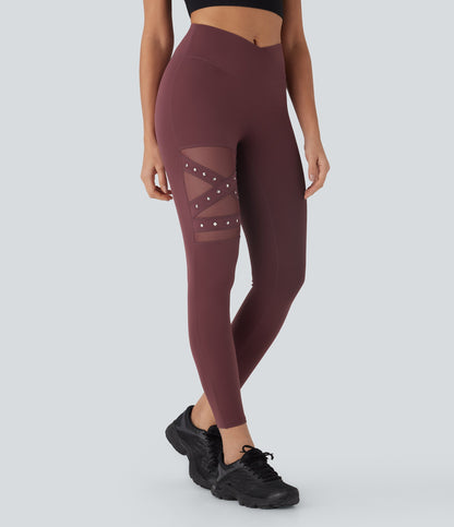 High Waisted Crossover Contrast Mesh Studded Yoga Leggings with Pocket