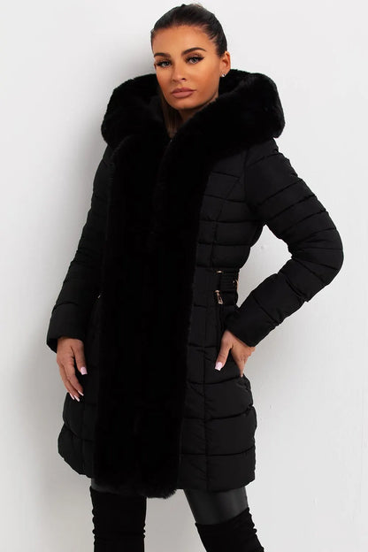 Puffer Padded Coat With Faux Fur Hood Black