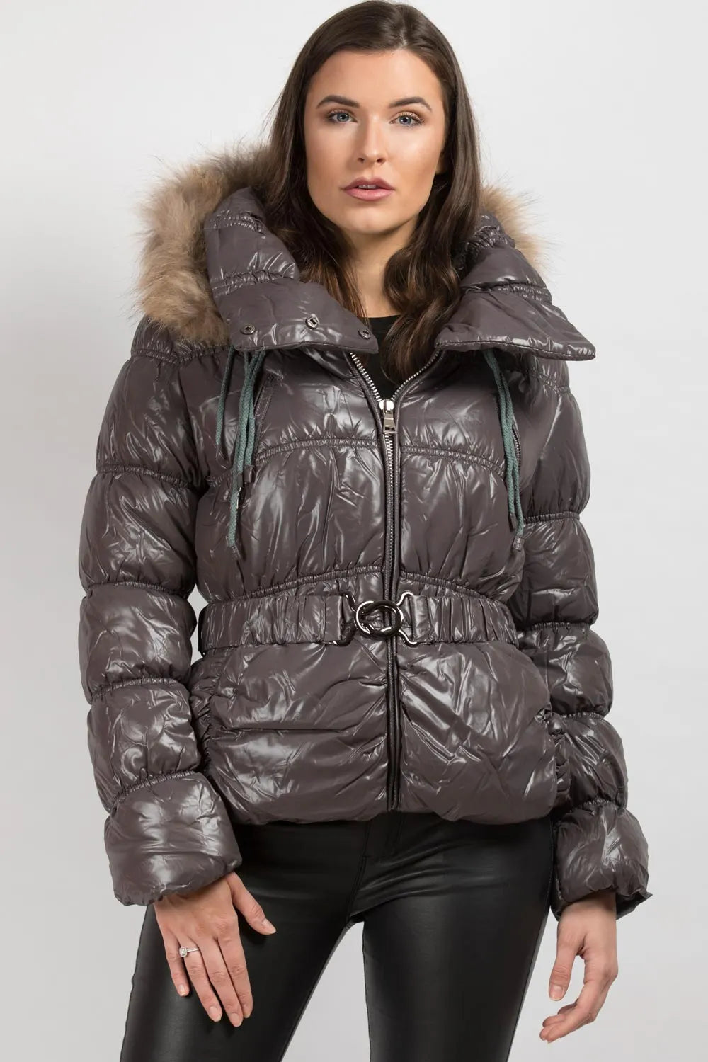 Shiny Puffer Coat With Fur Hood Belted