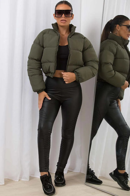 Khaki Crop Puffer Jacket