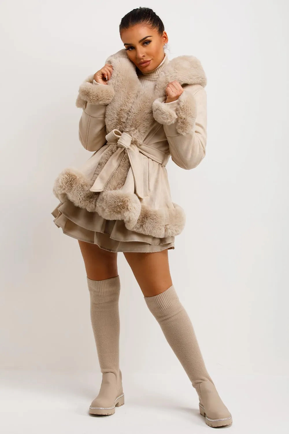 Beige Faux Fur Faux Suede Hooded Belted Coat