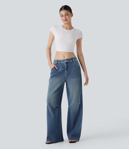 FlexTM Low Rise Wide Leg Washed Casual Jeans with Pockets