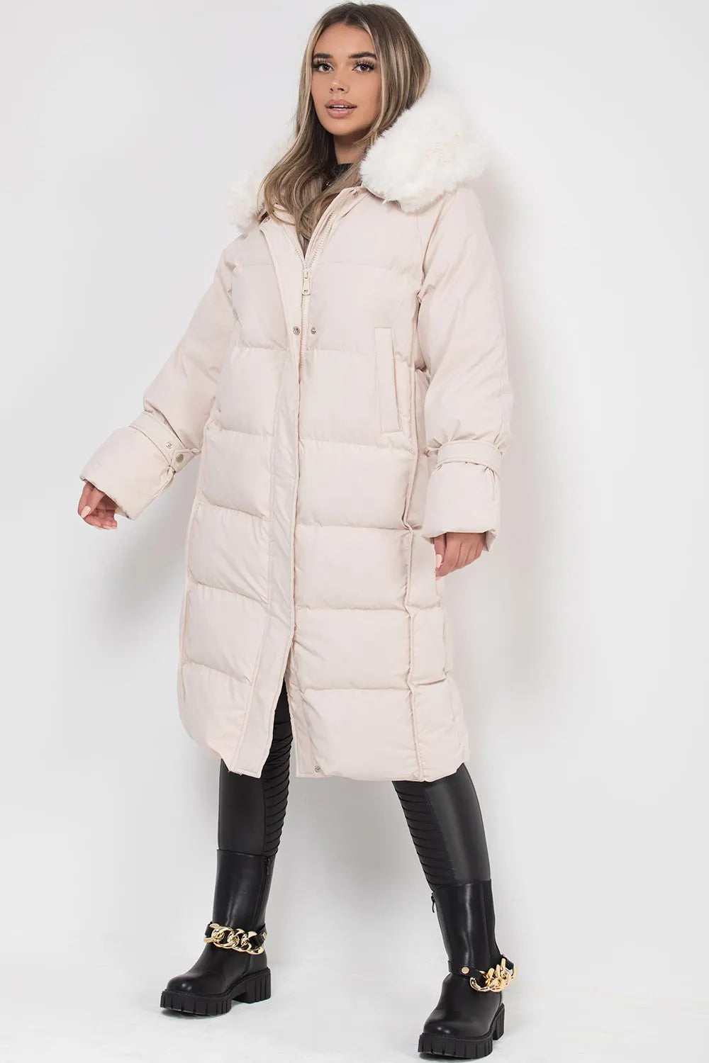 Long Puffer Down Coat With Faux Fur Hood Beige