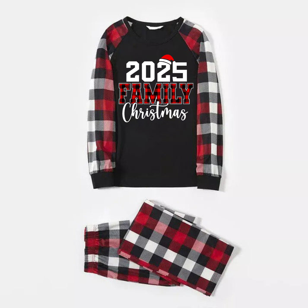 "2025 FNMILY Christmas " White and Red Text Printed Pattern - Black Top with Red&Black&White Plaid Sleeves - Family Matching Pajamas