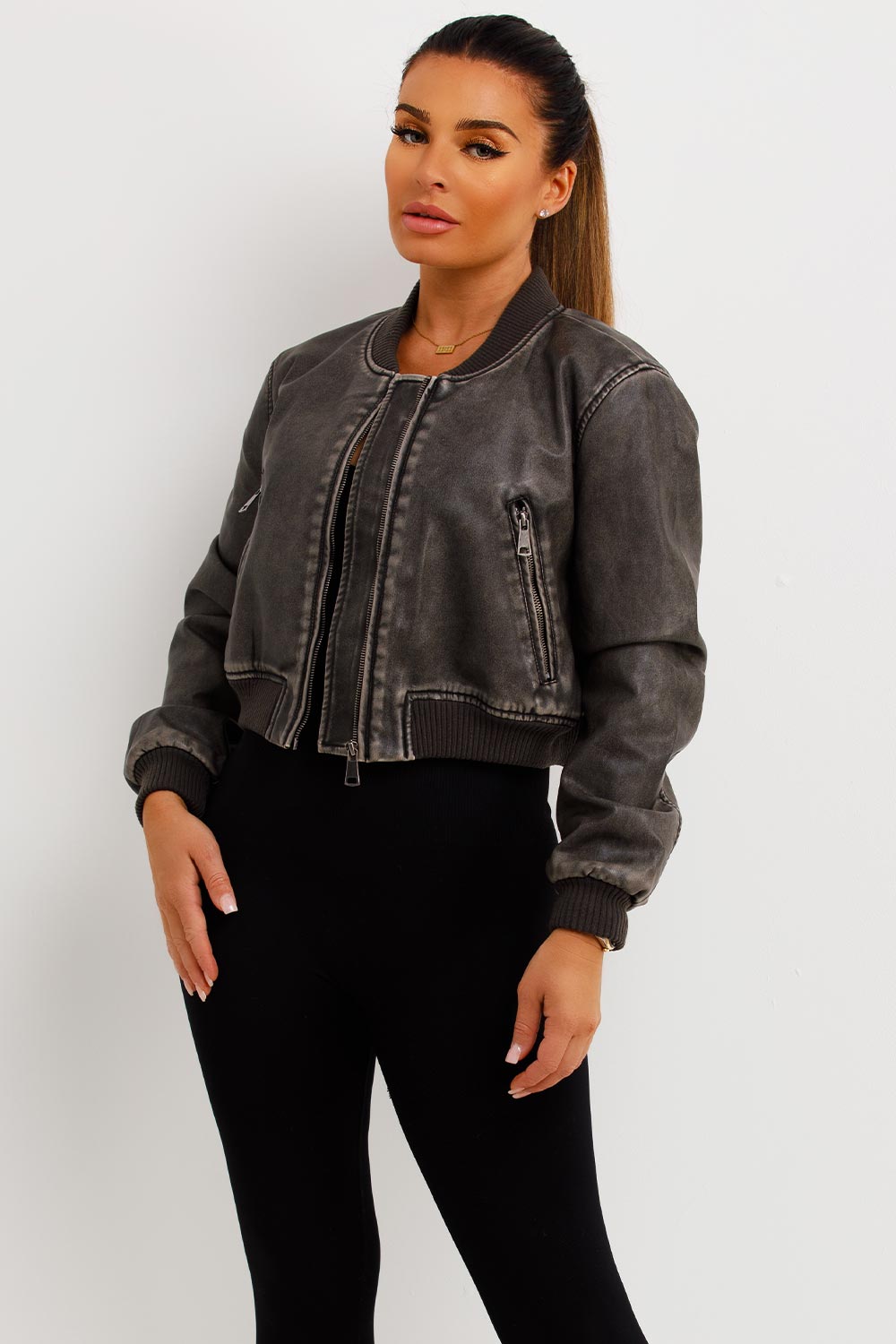 Faux Leather Bomber Jacket Grey