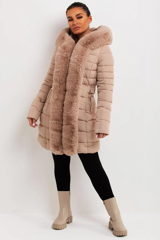 Puffer Padded Coat With Faux Fur Hood Beige