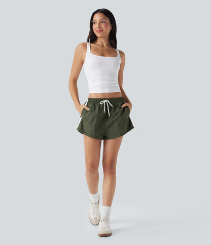 Low Rise Drawstring Color Block Built-in Underwear Casual Shorts with Pockets