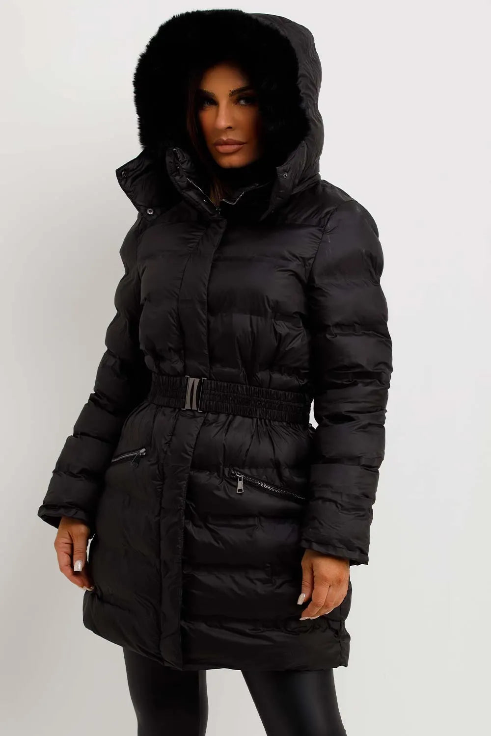 Puffer Padded Coat With Fur Hood And Belt Black