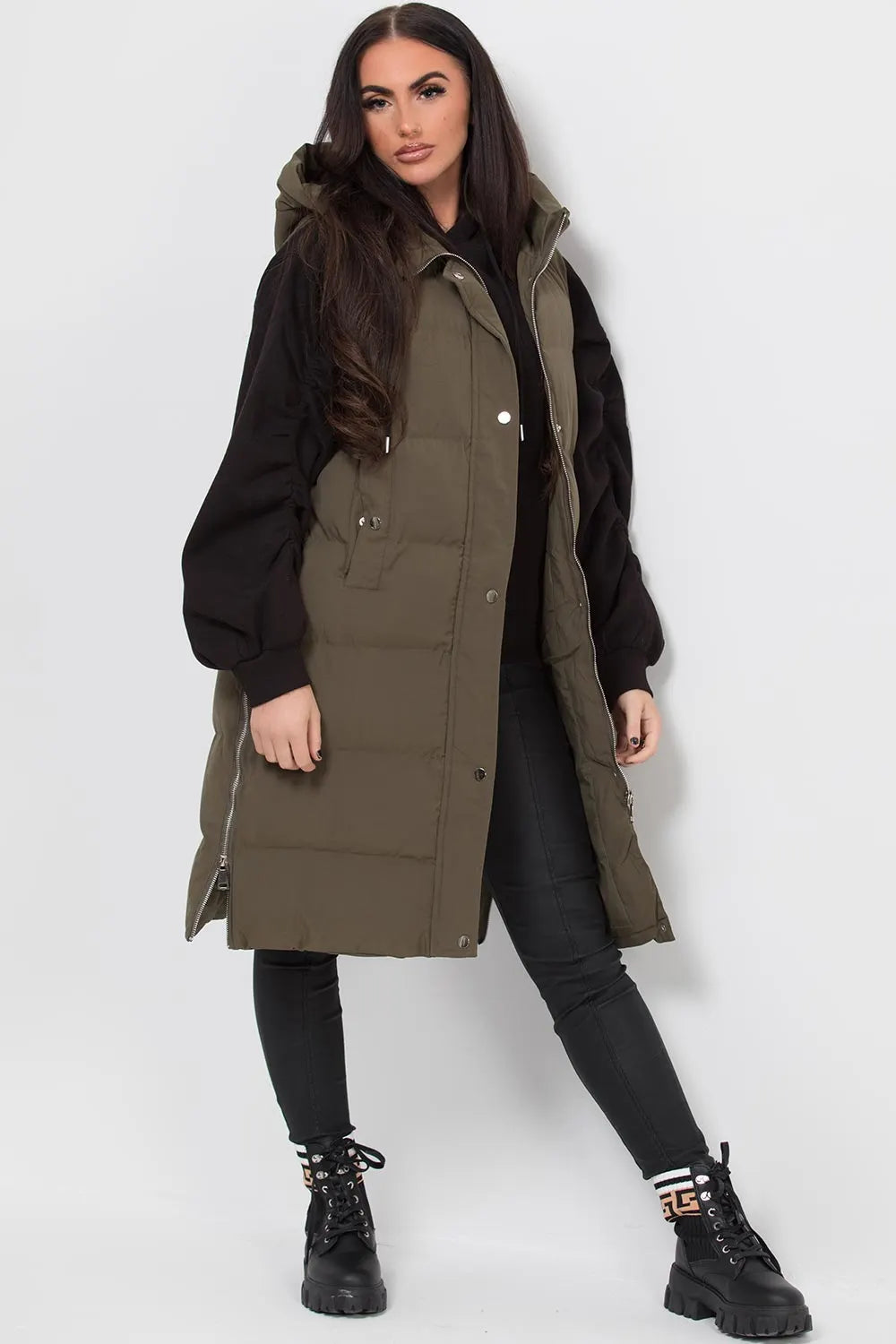 Longline Hooded Gilet Khaki