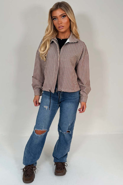 Brown Checked Jacket With Drawstring Hem