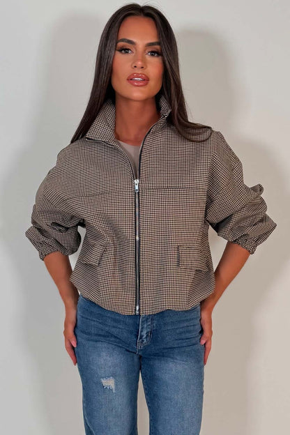 Checkered Bomber jacket With Collar Beige