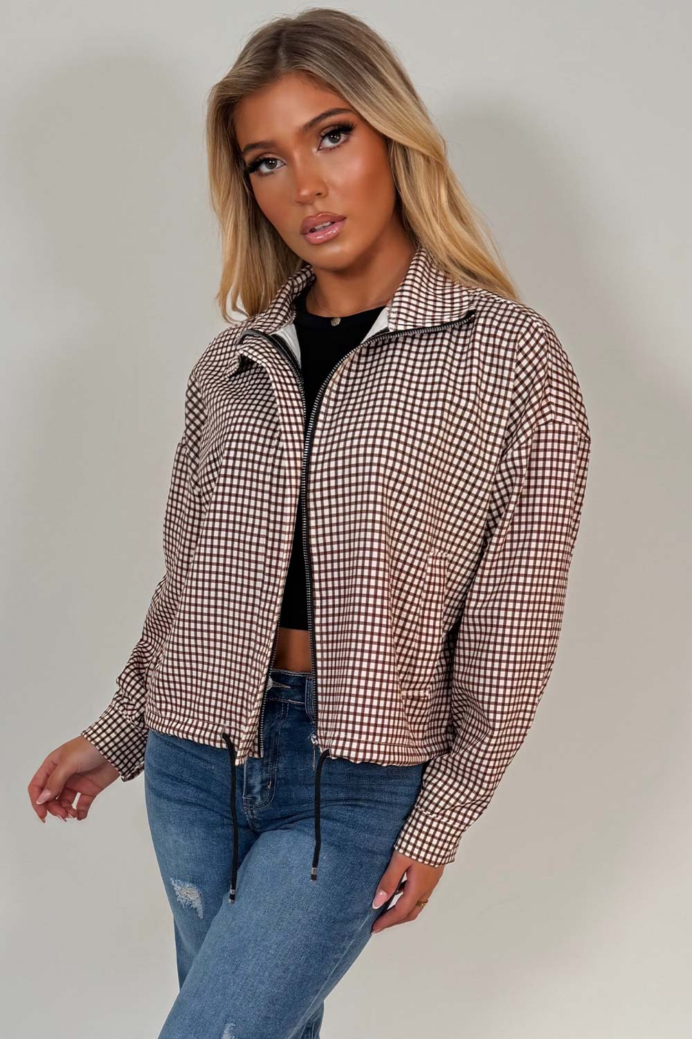 Brown Checked Jacket With Drawstring Hem