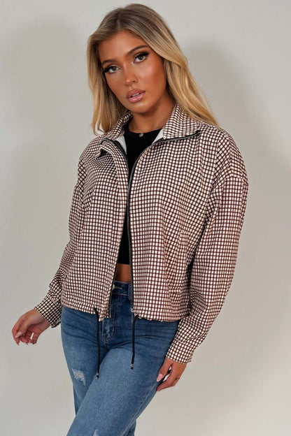 Brown Checked Jacket With Drawstring Hem