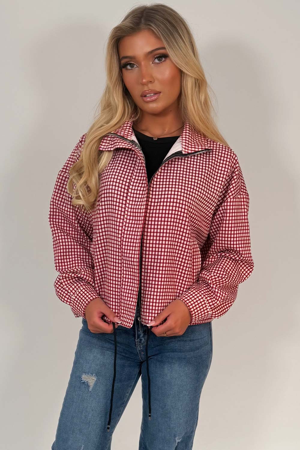Red Checked Jacket With Drawstring Hem