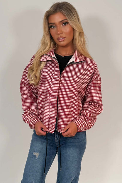 Red Checked Jacket With Drawstring Hem