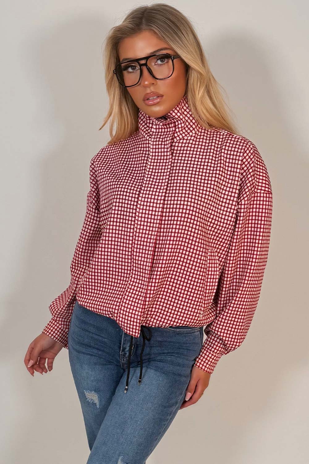 Red Checked Jacket With Drawstring Hem
